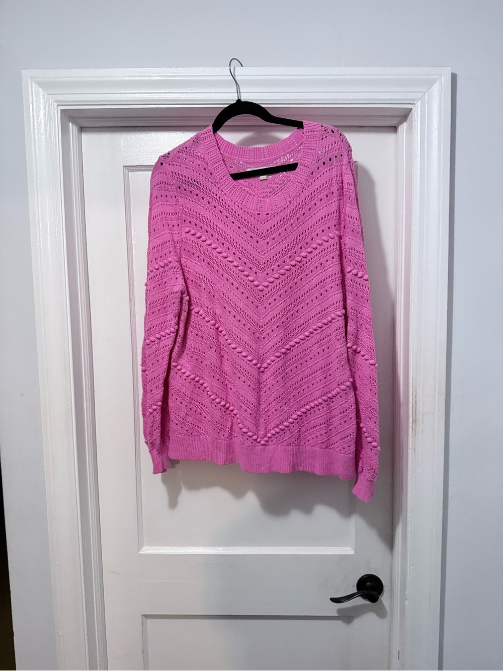 LOFT Pink Openwork V-Pattern Crewneck Sweater